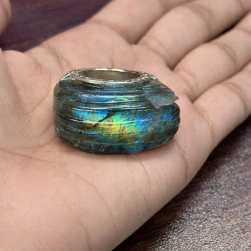 Blue Green Labradorite Stone Statement Ring – Iridescent Polished Gem Look Silver Tone Band – Handmade Bold Fashion Jewelry for Women & Men - size: 4