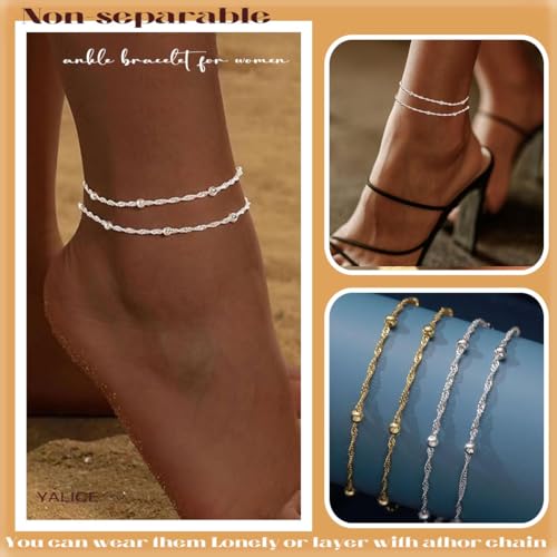 Yalice 925 Silver Ankle Bracelets Chain for Women Dainty 14K Gold Plated Waterproof Beads Anklets Layered Beach Foot Jewelry Gift - color: Silver-Satellite Chain