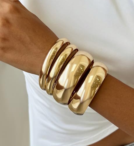 Chunky Gold Bangle Bracelets for Women, Dainty 14k Gold Plated Big Stackable Bangles Set, Trendy Cuff Bracelet Stack Fashion Jewelry Gifts - style: 4 pcs chunky gold bangles