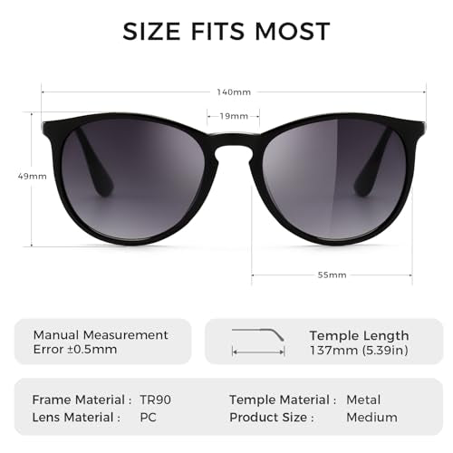 SUNGAIT Premium Vintage Round Sunglasses for Women Men Classic Retro Trendy Style - color: 11 Black Frame (Matte Finish)/Gray Gradient Lens