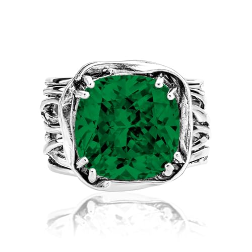 JEAN RACHEL JEWELRY 925 Sterling Silver Ring - Wrap Vintage Design with Cushion Shaped Cubic Zirconia - Hypoallergenic, Lead & Nickel Free - Artisan Handcrafted Statement Rings for Women - color: Emerald CZ