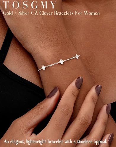 Dainty Silver Gold Bracelets for Women Trendy Non Tarnish 14K Gold Plated Cute Clover Bracelet Stackable Daisy Cubic Zirconia Diamond Charm Bracelet Stack Waterproof Jewelry Gifts - color: 01- Dainty Bracelet- Silver
