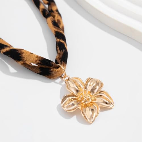 Scarf Necklace with Charm Gold Starfish Chunky Cross Heart Flower Pendants Bandana Charm Necklace Western Scarf for Women Boho Cowgirl Country Cowboy Accessories Beach Vacation Vacation Outfits Jewelry - color: A7-Scarf Necklace With Flower Charm