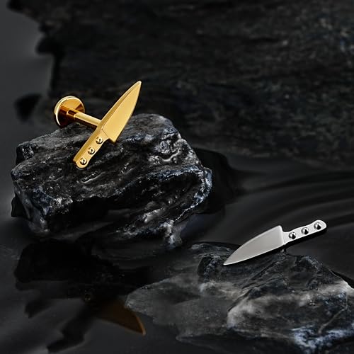FINE4U 1PC ASTM F136 Titanium Internally Threaded Piercing Jewelry Stud 16G 6mm 8mm for Helix, Tragus, Conch, Flat - color: Knife - Gold