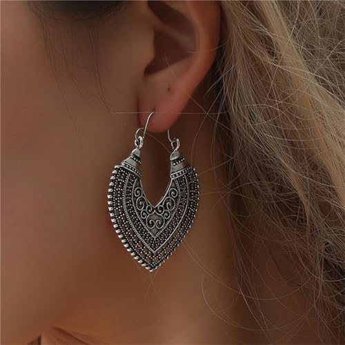 Boho Antique Carved Flower Dangle Drop Earrings for Women Vintage Retro Handmade Hollowed Antiqued Bronze Floral Shaped Geometric Gold Silver Plated Hoop Earrings for Ethnic Style Jewelry Gifts - color: Teardrop silver earring