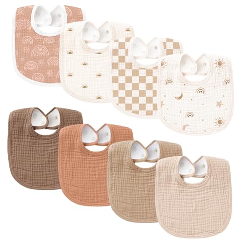 Konssy Muslin Baby Bibs 8 Pack Baby Bandana Drool Bibs Cotton for Unisex Boys and Girls, Soft Absorbent Set for Teething and Drooling - color: Camel