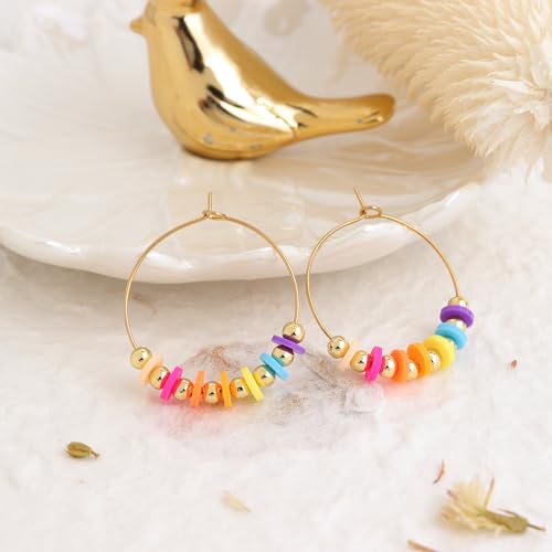 Natural Stone Beaded Hoop Earrings for Women, Boho Handmade Lightweight Hypoallergenic Trendy Summer Beach Accessories Fashion Jewelry Gift - color: multicolor