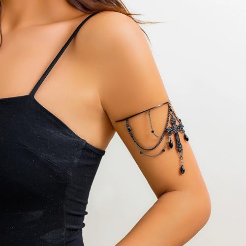 Dainty Black Upper Arm Cuff Bracelet for Women, Gothic Halloween Sexy Lace Harness Armlet Adjustable Upper Arm Chain Bangle Arm Band for Women - color: Cross
