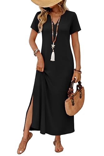 OFEEFAN Summer Dresses for Women 2026 Maxi Dress Short Sleeve Sundresses with Pockets Beach Vacation Spring Outfits - color: Black, size: X-Large