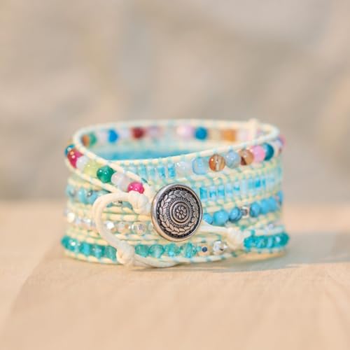 YGLINE Natural Stone Bracelet 5 Wraps Bracelet Handmade Blue Color Boho Bracelet for Women Bracelet - color: amazonite