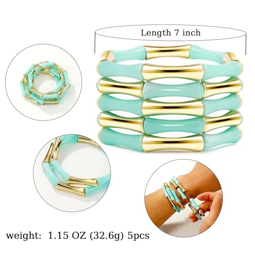 Gold Tube Bangle Bracelets for Women Stackable Bamboo Chunky Acrylic Beads Stretch Friendship Summer Beach Bracelet Jewelry - color: Blue