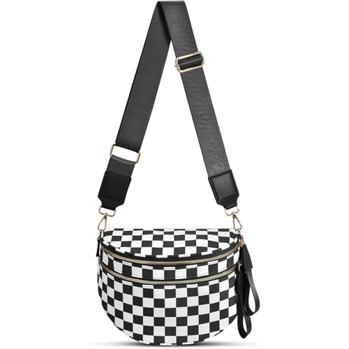 Checkered Crossbody Bag for Women Bum Bag Spacious Nylon Fanny Packs Cross Body Shoulder Purses Bag Handbags - color: Black Checkered