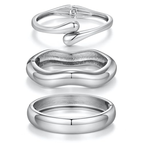 Chunky Gold Bangle Bracelets for Women Trendy 14K Gold Plated Cuff Bracelets Stack, Dainty Gold Bracelet Sets Non Tarnish Fashion Jewelry Gift - style: Silver-3pc-007