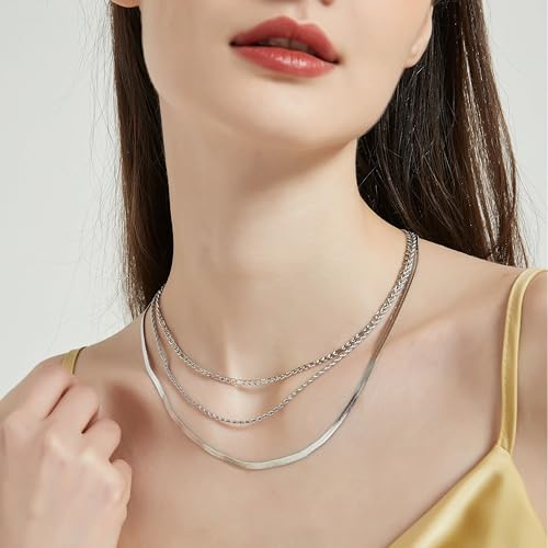 WomenGifts 14K Gold Silver Plated Herringbone Necklace for Women, Dainty Snake Chain Choker, Trendy Simple Long Layered Jewelry Non Tarnish, 3/4/5/8mm,14,16,18,20,22,24,26 Inch Thin & Chunky Options - color: Silver, style: 3mm-18inch