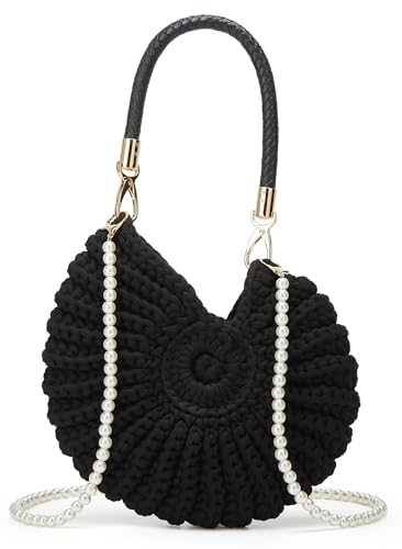 Handmade Crochet Tote Bag Seashell Purse for Women Boho Shell Handbag Crossbody Shoulder Bag Summer Beach Clutch Hobo Handbag - color: Black