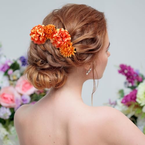 BBTO 21 Pcs Flower Hair Clip Rose Hair Clips Barrettes for Women Flower Accessories Boho Bride Claw Clip Hairpin Brooch Pin Headpiece for Wedding (Orange Blue Series) - color: Orange Blue Series