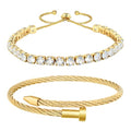 2PCS 18K Gold Plated Nail Bangle & Chain Bracelet Set for Women, Adjustable Stackable Bangle Jewelry, Dainty Gold Bracelet Gift for Women - color: Set A-tennis