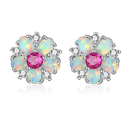 CiNily Flower Earrings,Opal Stud Earrings Sterling Silver or White Gold/Rose Gold Plated Ladies Flower Stud Earrings Cute Unique Earrings for Girls - color: red