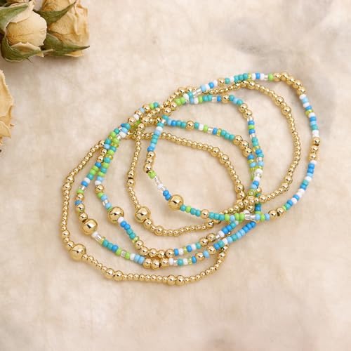 Gold Beaded Stackable Friendship Bracelets Set for Women, Handmade Boho Stretch Summer Jewelry Gift. - color: Gold Blue White Green
