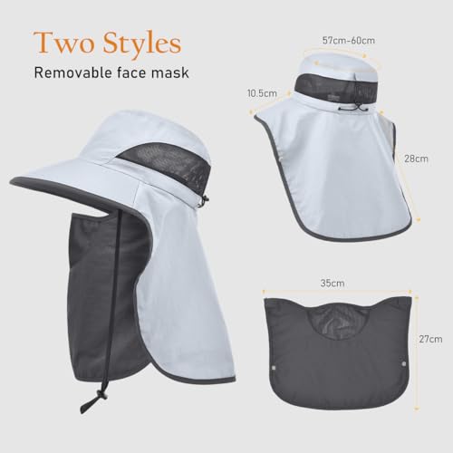 Womens Sun Hat Wide Brim UPF50+ Outdoor Sun Protection Ladies Fishing Hat with Neck Flap Detachable Face Cover - color: Light Grey