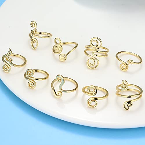 FIBO STEEL 9 Pcs Adjustable Toe Rings for Women Open African Toe Rings Summer Beach Foot Jewelry - color: Gold-tone