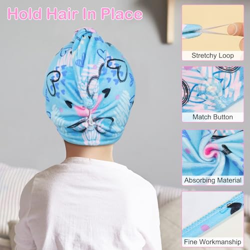 Basumee Microfiber Hair Towel Wrap for Kids 2 Pack Rapid Drying Hair Towel with Button Hair Turbans for Wet Hair Wraps Head Towel Wrap for Women and Girls, Blue and Purple Love - color: Blue and Purple Love
