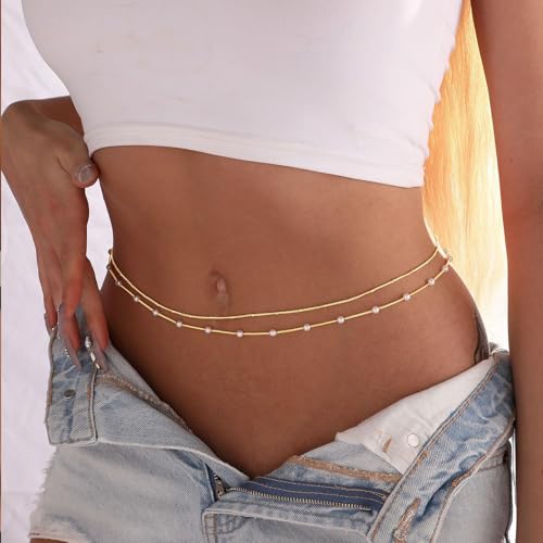 YBO Waist Chain 18K Gold Plated Body Jewelry for Women Adjustable Bikini Belly Belt Sexy Waist Beads Summer Beach - style: Pearl+Beads-G