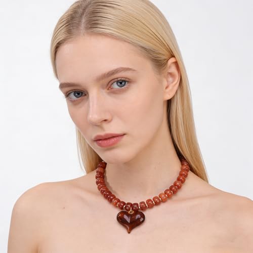 Chunky Colorful Beaded Statement Boho Summer Beach Chokers Necklace Heart Pendant Pink Green Yellow Brown Fashion Jewelry - color: Gold-brown2