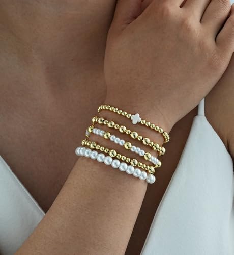 Gold Beaded Bracelets for Women, 14K Real Gold Plated Jewelry for Women Dainty Pearl Bead Bracelets Stack, Non Tarnish Trendy Stackable Ball Cross Stretch Bracelet Set Fashion Accessories Gifts - color: Gold white cross bead
