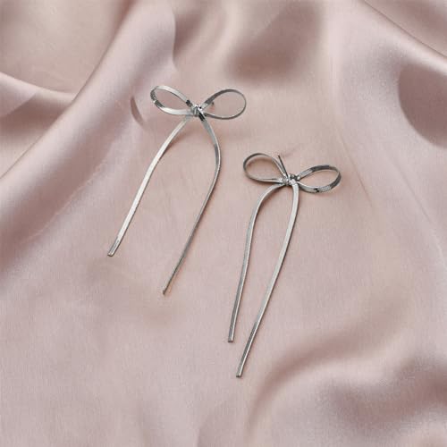 Gold Silver Bow Drop Earrings for Women Long Tassel Chain Bow Earrings Ribbon Bowknot Dangle Earrings Jewelry Gifts - color: Silver Bow A