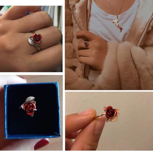 U7 Rose Flower Ring, Stackable Band Ring for Women Girls, Platinum Silver/Gold/Rose Gold Red Signet Rings Adjustable Fit Size 5 to 10 - color: Red Rose-Rose