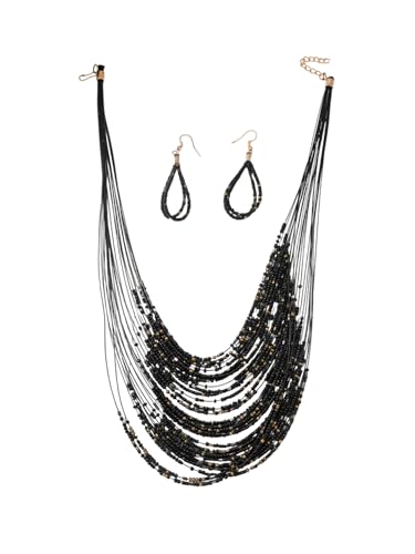 Bohemian Colorful Beaded Earrings Necklace Geometric Teardrop Dangle Earrings Multi-layered Stackable Choker Necklaces Boho Seed Bead Chain Statement Beach Party Accessories - color: Black B