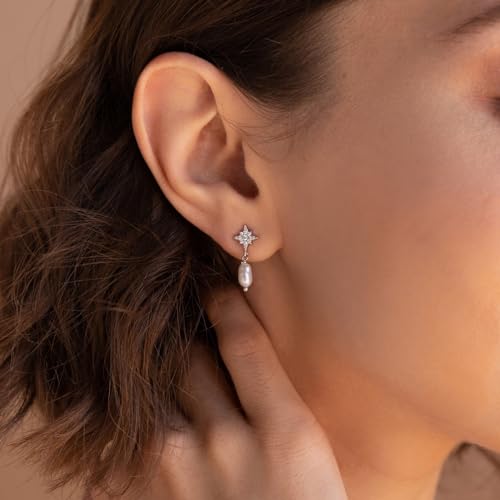 Pearl Earrings for Women 14K Gold Freshwater Pearl Hoop Earring Dangle Drop Wedding Earrings Bridal Bridesmaid Jewelry Gifts for Women - color: Silver Moon & Star Pearl Earrings