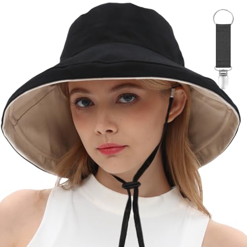 vidsel Womens Sun Hats Wide Brim Reversible Bucket Cotton Hat Packable Summer Travel Cap with Hat Clip,UV Protection - color: Medium-black+beige, size: Medium
