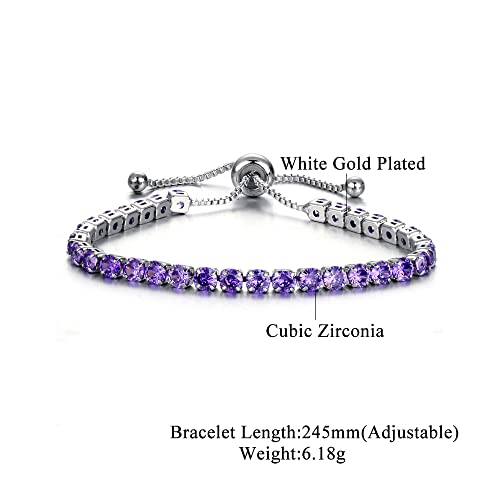 CiNily Adjustable Tennis Bracelets for Women Teen Girls Rainbow Cubic Zirconia Bracelet 14K White Gold Plated Hypoallergenic Slider Bracelet Jewelry Gift - color: Adjustable bracelet-purple