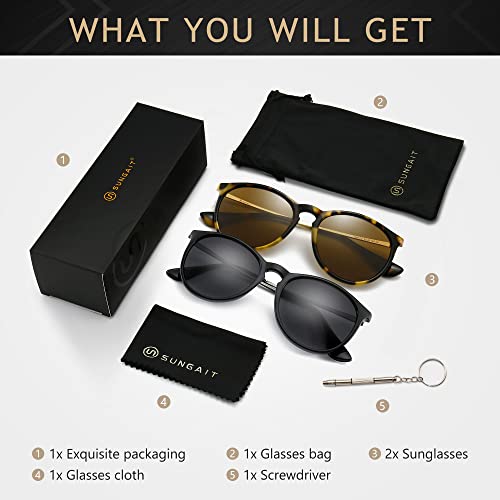 SUNGAIT Premium Vintage Round Sunglasses for Women Men Classic Retro Trendy Style - color: 2 Pack (Polarized): Matte Black/Gray+glossy Leopard/Brown
