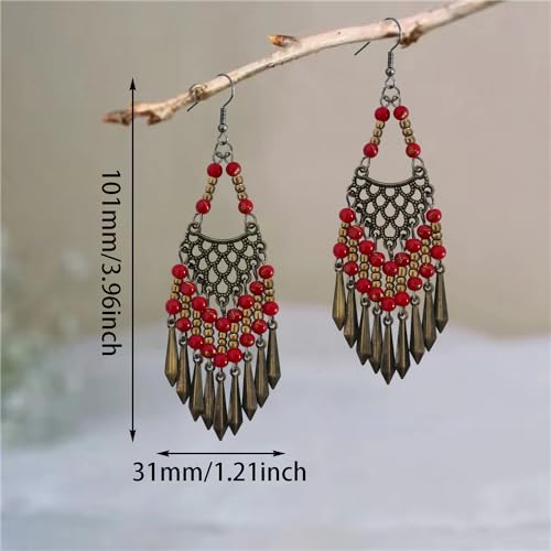 Handmade Vintage Bronze Bohemian Long Tassel Colorful Bead Dangle Drop Earrings Big Tribal Chandelier Geometry Hook Earrings for Women Statement Jewelry Gifts - color: Deep Red
