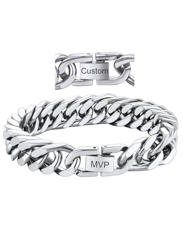 ChainsHouse Stainless Steel Cuban Link Bracelet, 8mm/12mm/17mm Width, 7.5"/8.3"/9", 18K Gold Plated Chain Wrist Bracelets for Men Women, Send Gift Box - color: Q: Steel-12mm width-custom