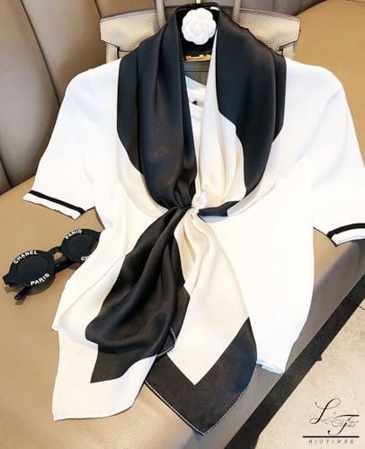 Hioyiwse Head Scarf For Women Hair Bandana 35" Large Square Satin Wrap Sleeping Neck Silk Satin Hair Scarves Lightweight - color: F29-black and White（35*35inch）