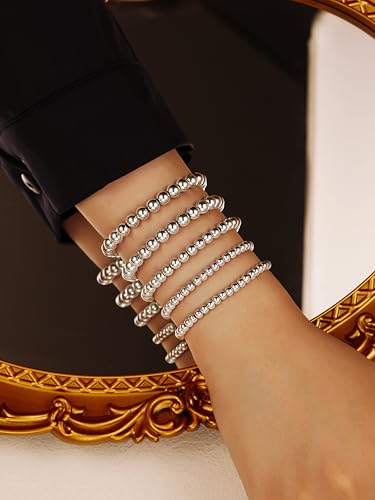 XIANNVXI 5PC Platinum Plated Silver Beaded Bracelet for Women Stretch Elastic Stackable Bead Ball Bracelet Trendy Set Women Dainty Jewelry - color: Silver A