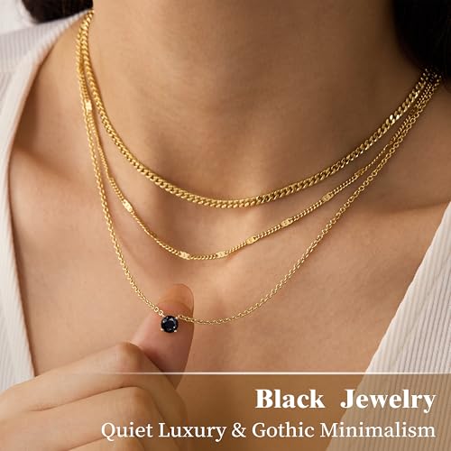WomenGifts Layered Gold Necklaces for Women, 14K Gold Sterling Silver Plated Dainty Pendant Necklace Set Non Tarnish, Chunky Stackable Cuban Chain Choker, Trendy Birthstone Vacation Jewelry Gift - color: Gold, style: Cubic Zirconia-Created Black Diamond