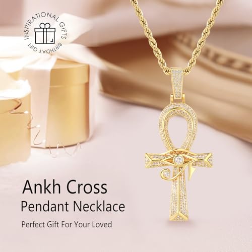 Eye of Horus Ankh Cross Pendant Necklace 18K White Gold Plated Iced Out CZ Bling Ancient Egyptian Religious Symbol Protection Chain Jewelry for Men Women Christmas Birthday Gift - color: 18K