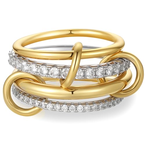 Gold Stackable Rings for Women Non Tarnish, 18k Gold Plated Cubic Zirconia Rings, Exquisite Silver Gold Multi Ring Mixed Metals Stack Jewelry Set Size 6-10 - color: 4PCS, size: 10