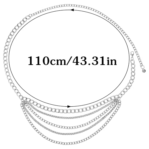 Multilayer Chain Belt, Rhinestone Cuban Belts Metal Chain Belts for Women Sparkly Waist Chain Body Jewelry for Women(silver)