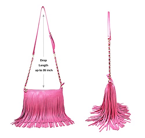 Solene Fringe Crossbody Shoulder Bag with Strap, Tassel Messenger bag, Country Style Western Fringe Purse for Women - color: Fuchsia