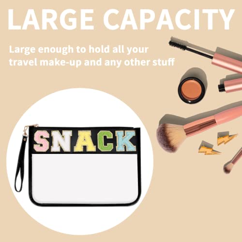 Iqimott Chenille Letter Clear Bag Snack Pouch, Monogram PVC & PU Makeup Cosmetic Bag Zipper Toiletry Pouch, Waterproof Portable Purse Travel Beach Snack Wristlet Bags for Women Girls(Snack, Black) - color: Snack-Black
