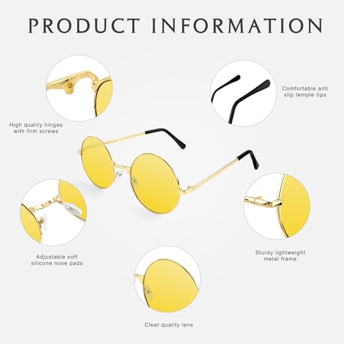 NACHLYNN Round Hippie Sunglasses Metal Border Circle Hippie Glasses UV380 Protection 70s Sunglasses for Men Women Party Favor - color: Yellow