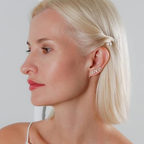 14K Gold or 925 Sterling Silver Plated Ear Crawler Earrings for Women - Crystal Leaf Ear Climber Earrings - Hypoallergenic, Safe for Sensitive Ears - color: 14K Gold Plated