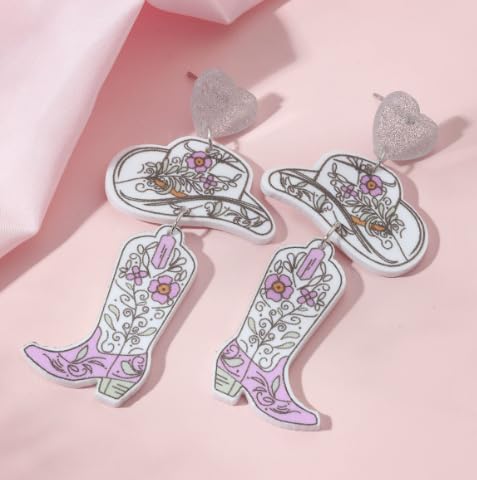 Western Cowboy Style Pink Heart Hat & Boot Acrylic Earrings Boho Festival Stackable Jewelry for Women - color: A