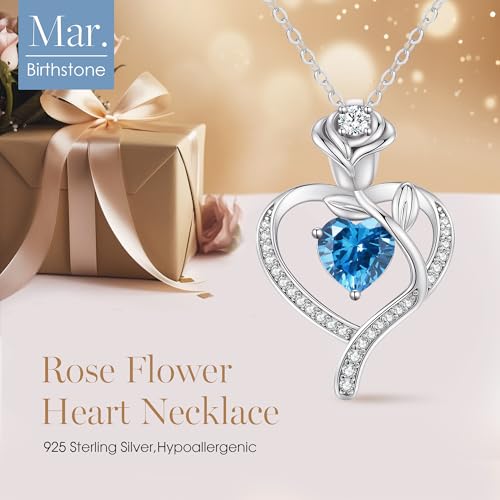 LOUISA SECRET Rose Flower Heart Birthstone Necklaces for Women, 925 Sterling Silver Jewelry, Pendant Heart Necklaces Birthday Anniversary Christmas Gift for Women Wife Mom Girlfriend Lady - color: White Gold-03-Mar